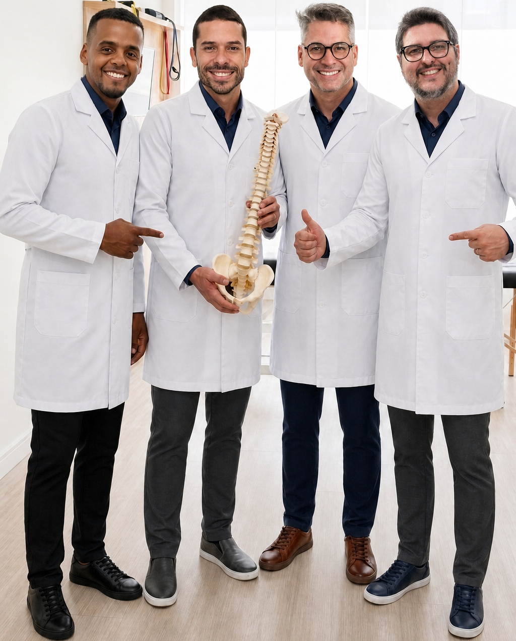 Quatro fisioterapeutas da equipe EARFF de jaleco branco, sorrindo, um deles segurando um modelo anatômico de coluna vertebral, apontando uns para os outros em ambiente clínico moderno e claro, fotografia realista