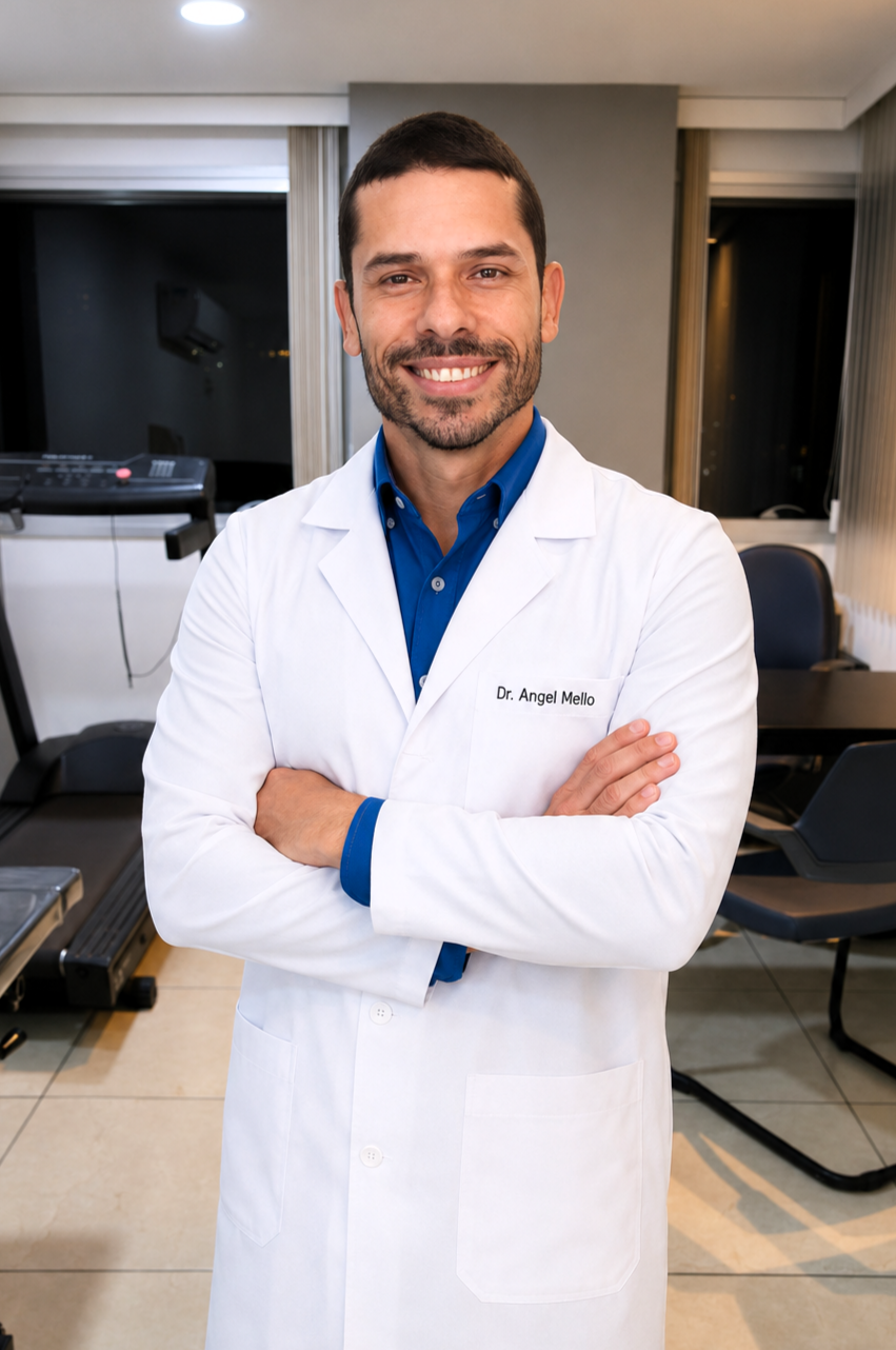 Dr. Angel Mello, fisioterapeuta da equipe EARFF, homem sorrindo de terno azul-marinho segurando um modelo anatômico de coluna vertebral, sentado em ambiente clínico claro, fotografia realista