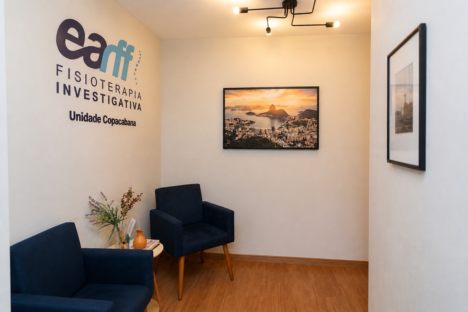 Corredor de recepção da unidade EARFF Copacabana, parede branca com logo EARFF Fisioterapia Investigativa e letreiro Unidade Copacabana, poltronas azul-marinho estofadas, mesa de apoio com vaso de flores, quadro decorativo com vista do Pão de Açúcar ao entardecer, piso de madeira, iluminação de teto moderna, ambiente clínico clean e sofisticado, fotografia realista