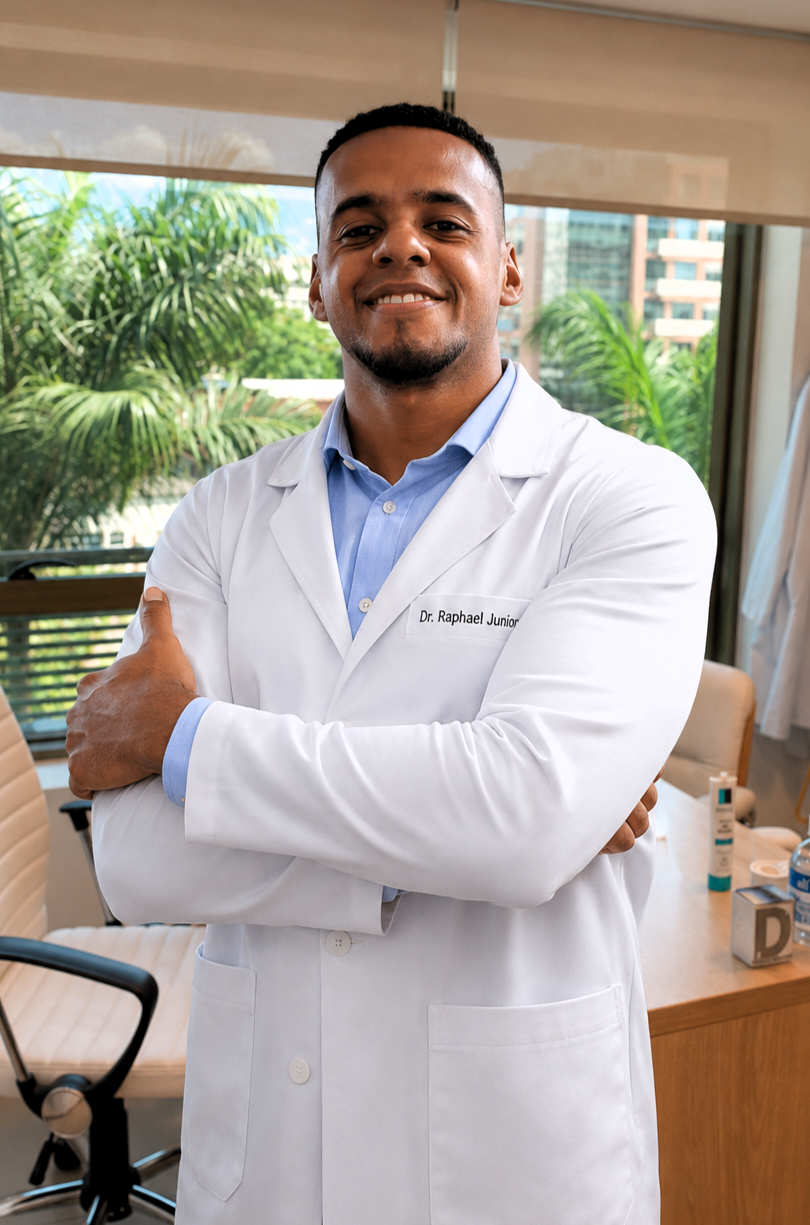 Dr. Raphael Nunes, fisioterapeuta da equipe EARFF, homem sorrindo de braços cruzados vestindo polo escura em consultório clínico moderno, fotografia realista