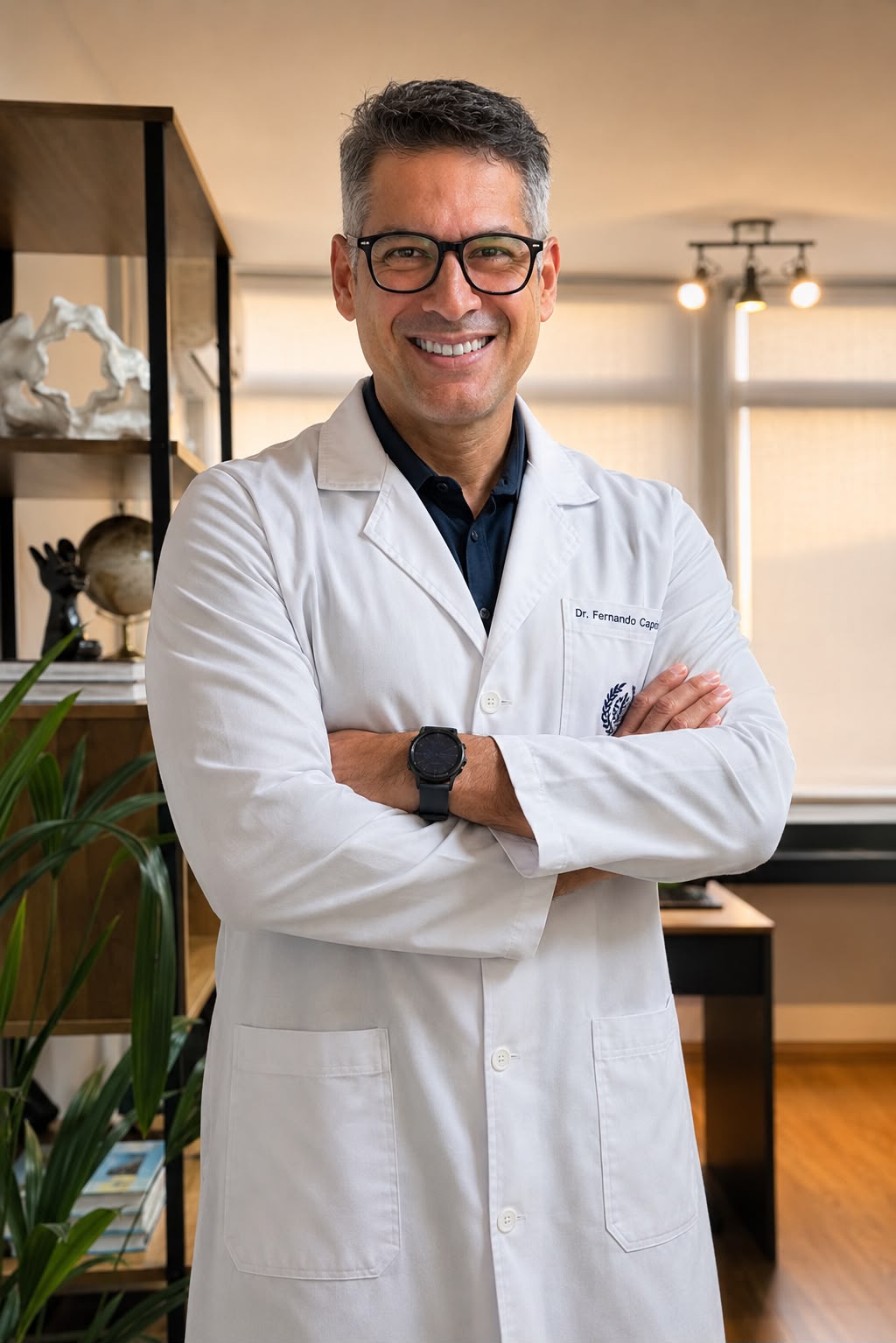 Dr. Fernando Capristano, fisioterapeuta da equipe EARFF, homem sorrindo de óculos de cabelo grisalho, braços cruzados, vestindo camiseta branca, em frente a parede com logo da clínica, fotografia realista