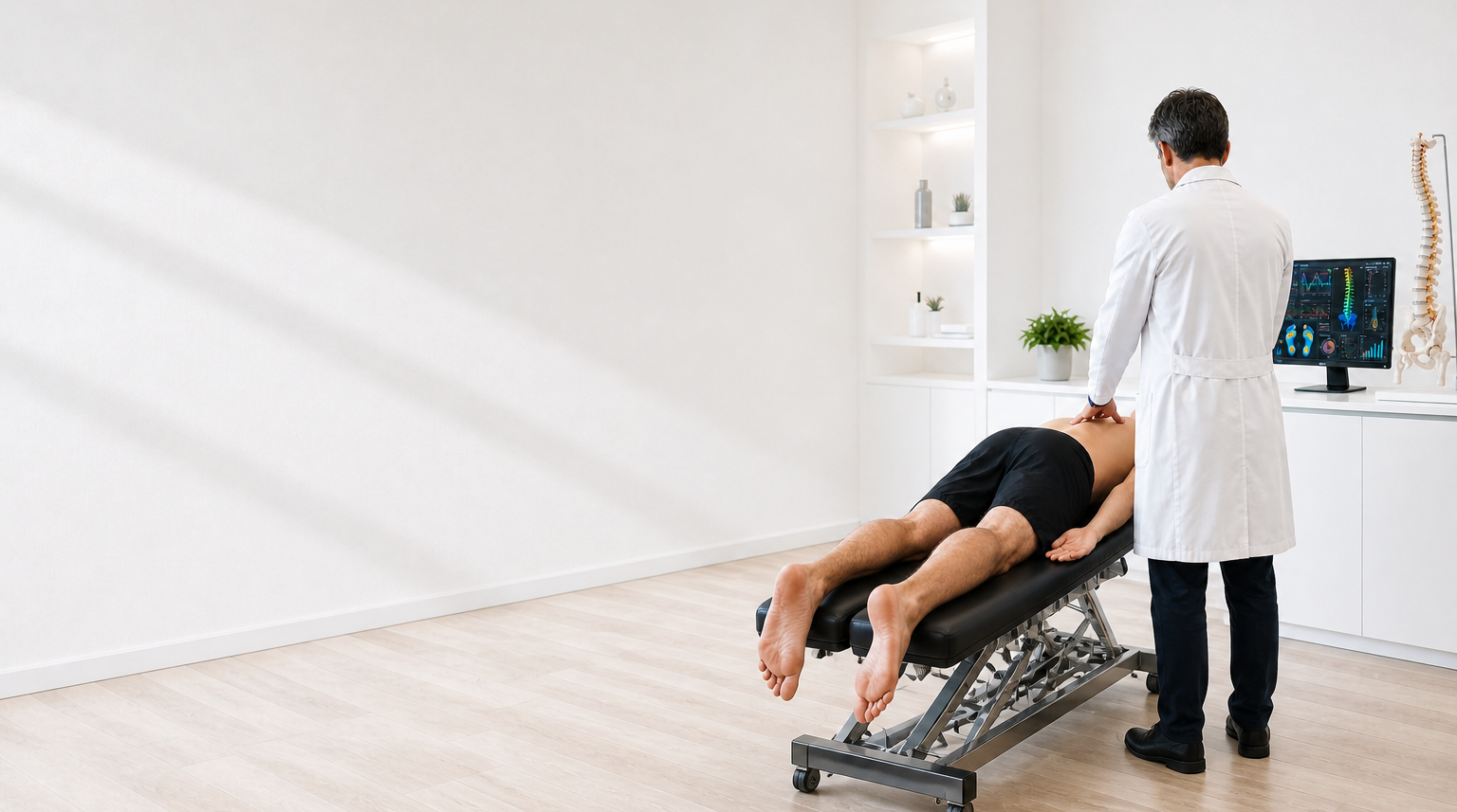 Fisioterapeuta realizando avaliação investigativa em paciente deitado em maca, com monitor de análise postural ao fundo, ambiente clínico moderno e clean em tons de branco, iluminação natural suave, fotografia realista